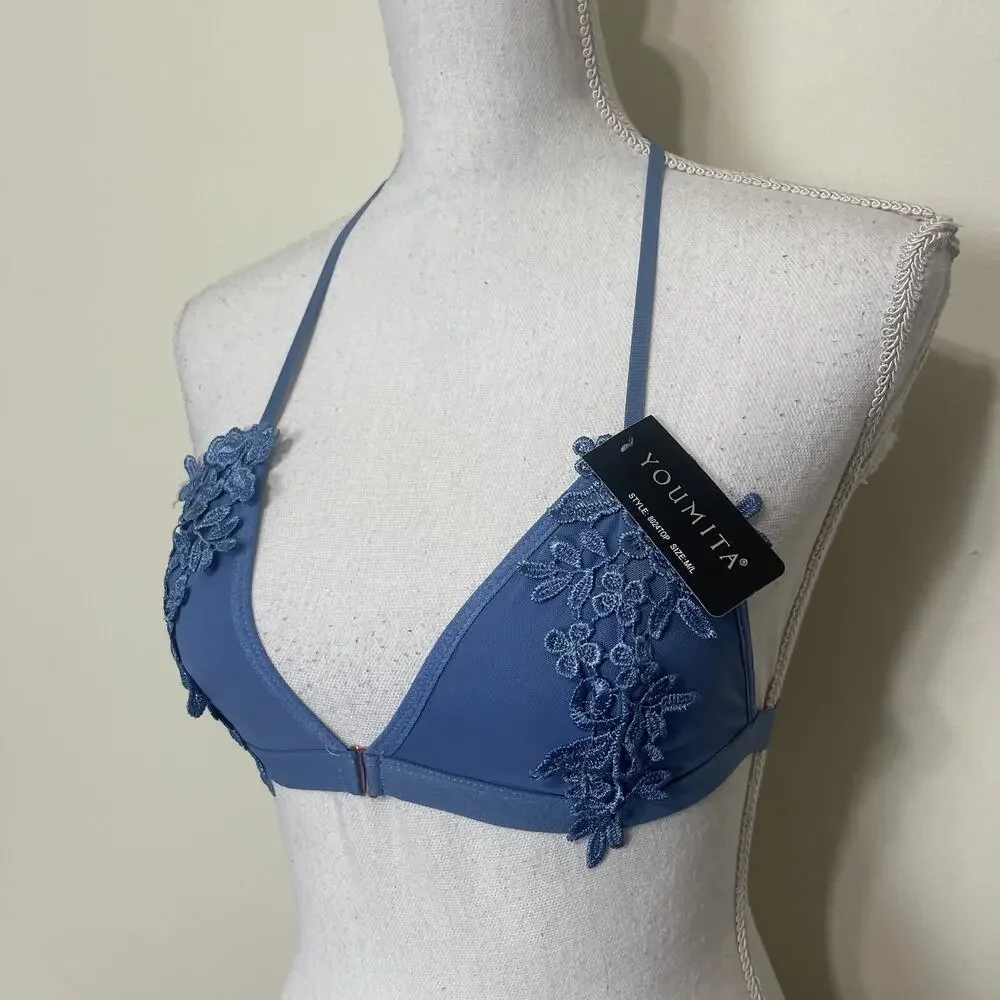 Women Lace Bralette Sexy Bra‎ Floral Lingerie Night Embroidered Flower Blue M/L